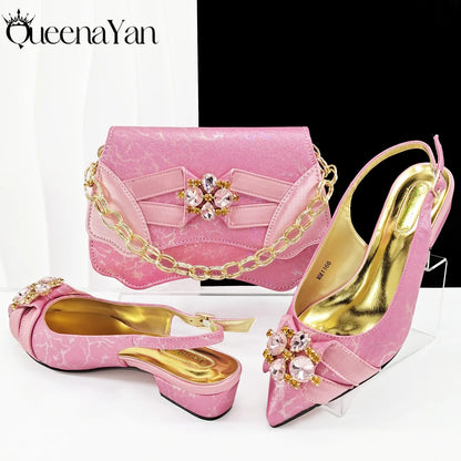 QueenaYan 2026 New Summer Collection Stylish Italian Women’s Shoes and Bag Set Gold Colour Comfortable Low Heels With Rhinestone