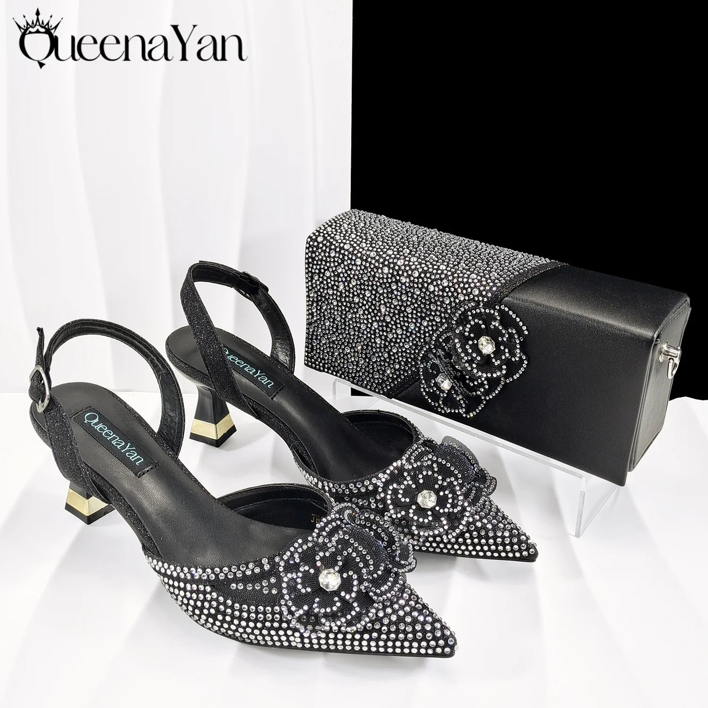 QueenaYan Elegant African-Inspired Evening Shoes and Handmade Clutch Set Pointed Toe High-Heel Women's Footwear and Matching Bag