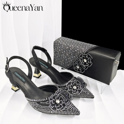 QueenaYan Elegant African-Inspired Evening Shoes and Handmade Clutch Set Pointed Toe High-Heel Women's Footwear and Matching Bag