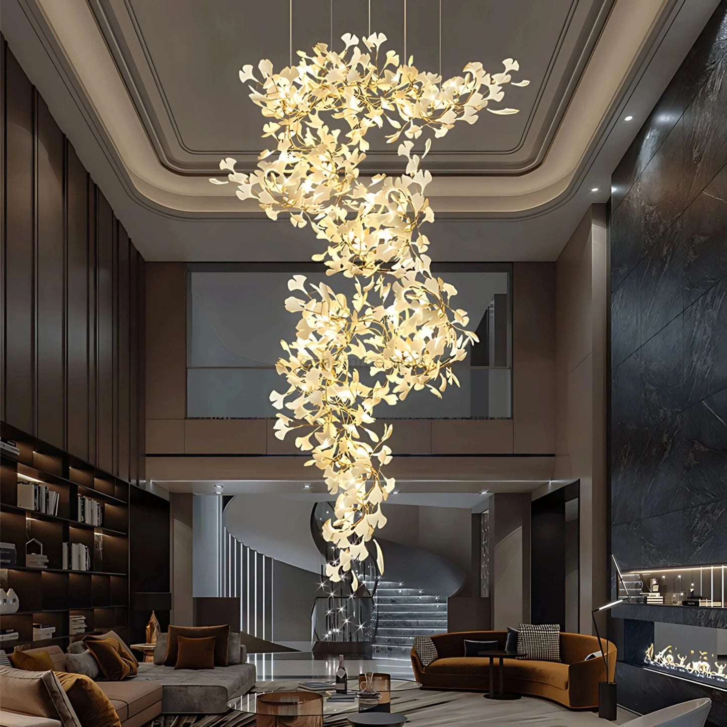 High Ceiling Ginko Leaf Chandeliers for Duplex Staircase Long Gold Leaf Pendant Hanging Chandelier for Vila Table Lobby Hotel