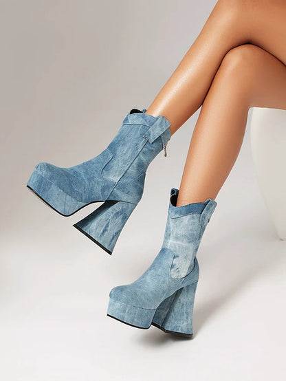 Microfiber Cow Pattern Slip On Short Boots Ultra-High Shaped Tapered Thick Heel Platform Denim Material Ankle Boots