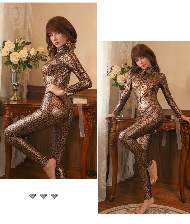 Long Sleeve Shiny PU Leather Catsuit Two Way Zipper Open Crotch Bodysuit Tights Cosplay Leotard Conjoined Sexy Clubwear Jumpsuit