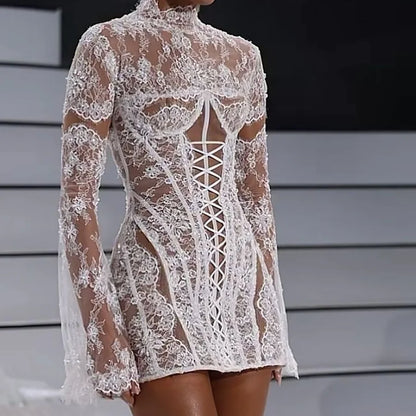 Sexy Lace High Collar Full Sleeve Corset Mini Bride Wedding Dresses Bridal Gowns Customized
