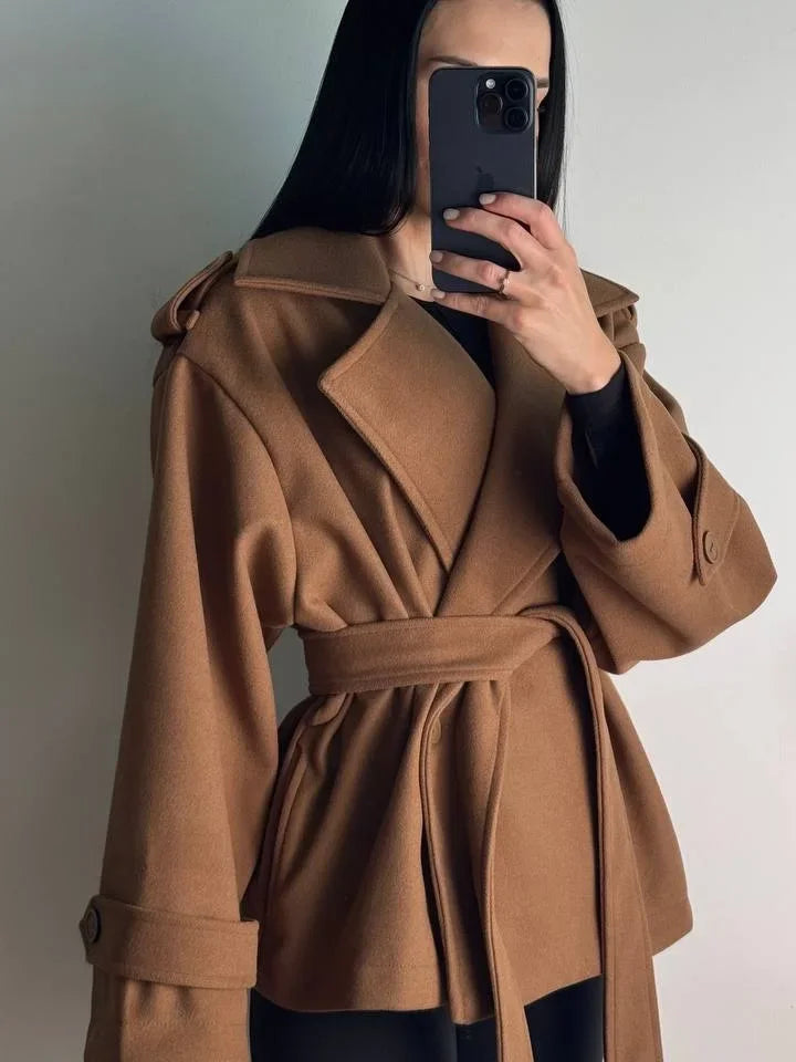 Women Short Wool Blend Trench Coat Lapel Collar Belted Waist Wrap Long Sleeve Loose Overcoat Casual Autumn Winter Lady Jackets