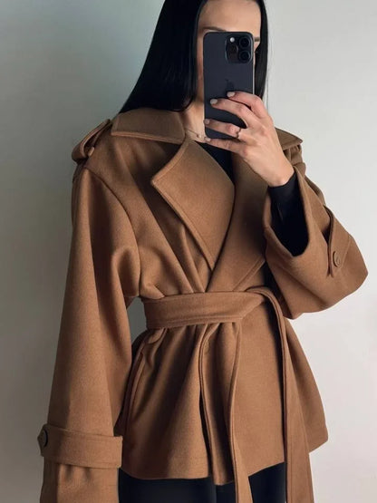 Women Short Wool Blend Trench Coat Lapel Collar Belted Waist Wrap Long Sleeve Loose Overcoat Casual Autumn Winter Lady Jackets