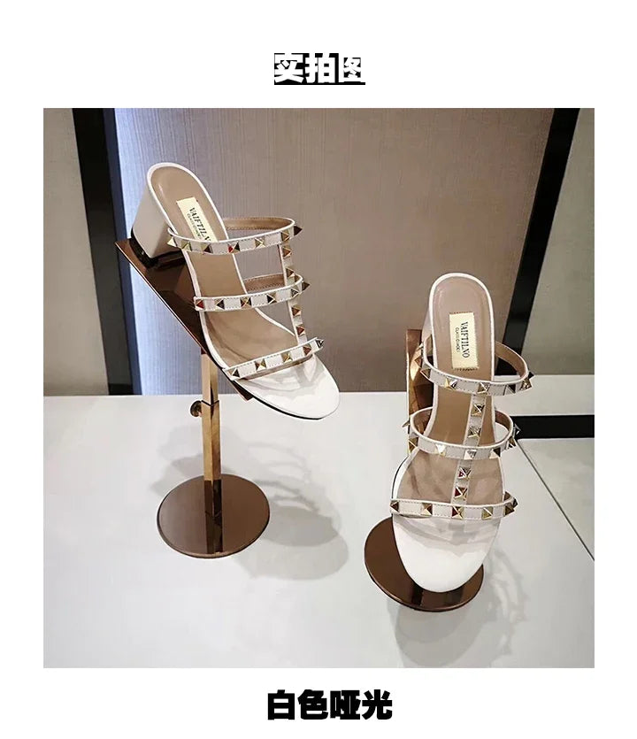Women's Sandals Gladiator Summer With Heels Real Leather Rivets Luxury Brand High-heeled slippers Designer Silver Ladies Shoes