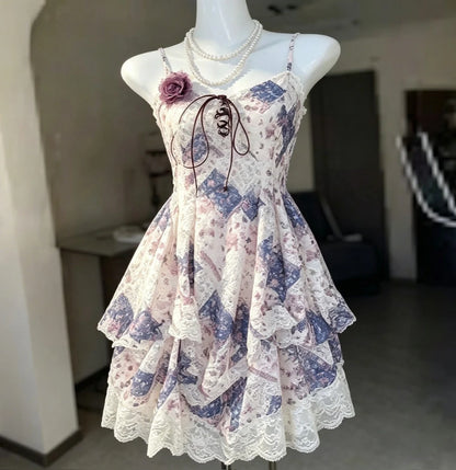 Lace Purple Dot Mini Dress Women Floral Dress Elegant Casuak Y2k Boho Kawaii Vintage One Piece Dress Korean Fashion Vintage Chic