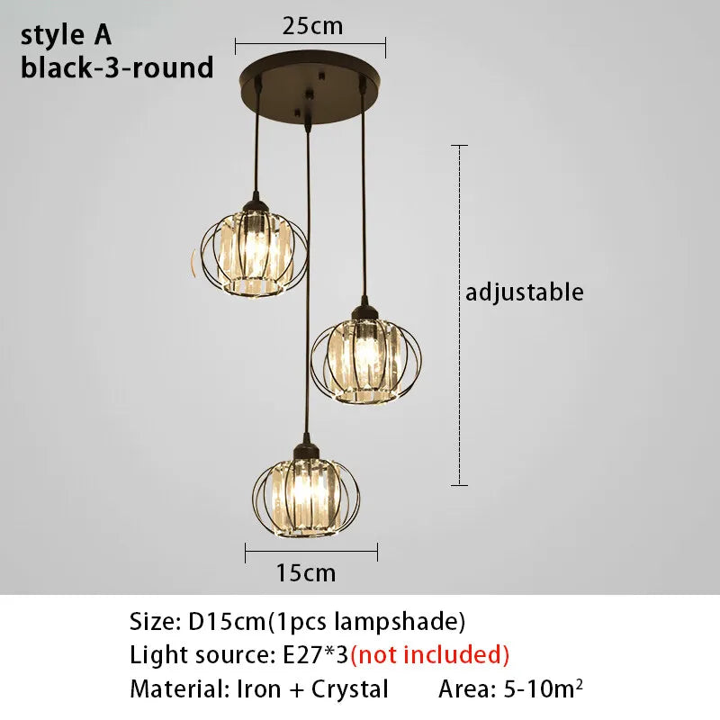 Crystal LED Pendant Lights For Dining Room Living Room Nordic Black Iron Shade 1/3 Lights Kitchen Decor Hanging Ceiling Lamp