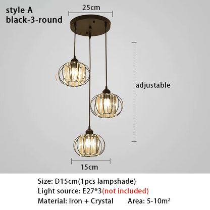 Crystal LED Pendant Lights For Dining Room Living Room Nordic Black Iron Shade 1/3 Lights Kitchen Decor Hanging Ceiling Lamp