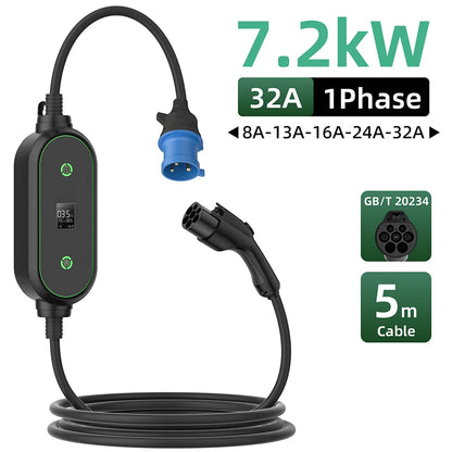 EVESLink 7KW Type2 Portable Electric Vehicle Charging GBT 32A 1Phase Car Fast Charger with 5M Cable for EV Cars