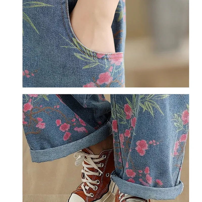 Vintage Denim Overalls Spring Summer Loose Jumpsuits Oversized Artistic Casual age Reducing Printed Casual Harem Pants Female