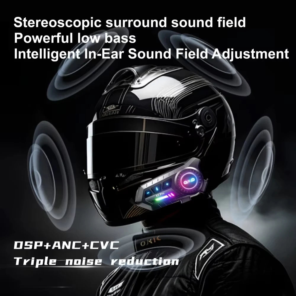 X3 Pro Motorcycle Helmet Bluetooth Headset 2-Riders Intercom 1000M BT6.0 IPX6 Waterproof Voice Assistant NoiseReduction FM Radio