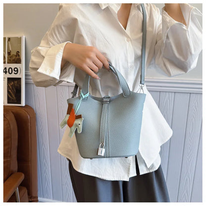 Fashion Vegetable Basket Bucket Bag Women's Autumn New Lychee Pattern Shoulder Bag Simple Solid Color Niche Messenger Bag