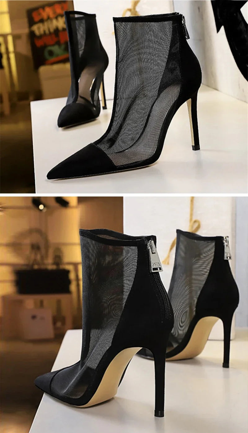 Eilyken 2026 New Spring Autumn Sexy Mesh High Heels Runway Ankle Boots For Women Pointed Toe Ladies Party Zipper Shoes