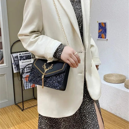 Fashion Women Shoulder Bag Deer Head Decoration Messenger Bags PU Leather Button Underarm Luxury Chain Lady Small Square Handbag