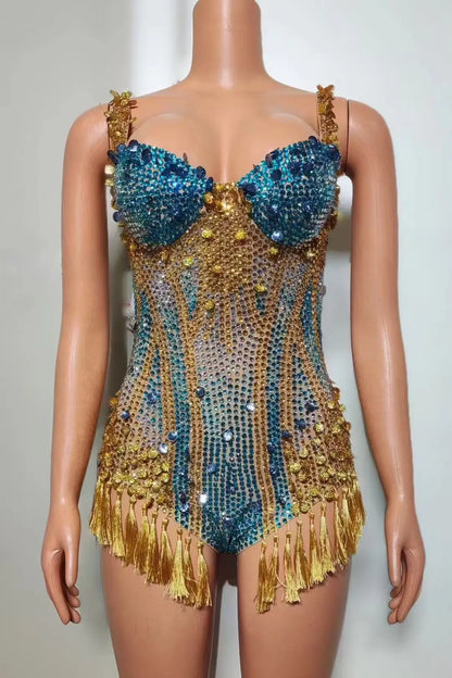 Luxury Fringes Rhinestones Bar Nightclub Outfit Birthday Party Dancer Stage Wear Performance Costume Sparkly Sexy Bodysuit