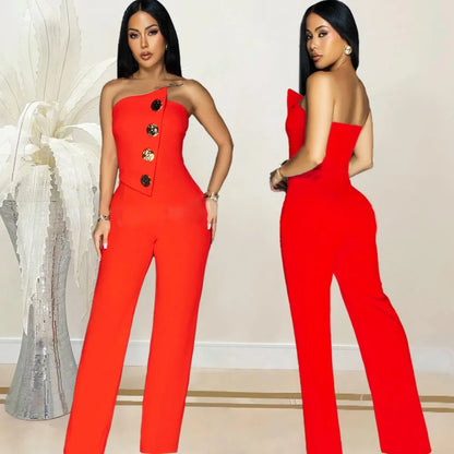 Sexy Backless Strapless Jumpsuit Summer Women Fashion Solid Button Sleeveless Slim Fit Wrap Hip Jumpsuits Elegant Office Romper