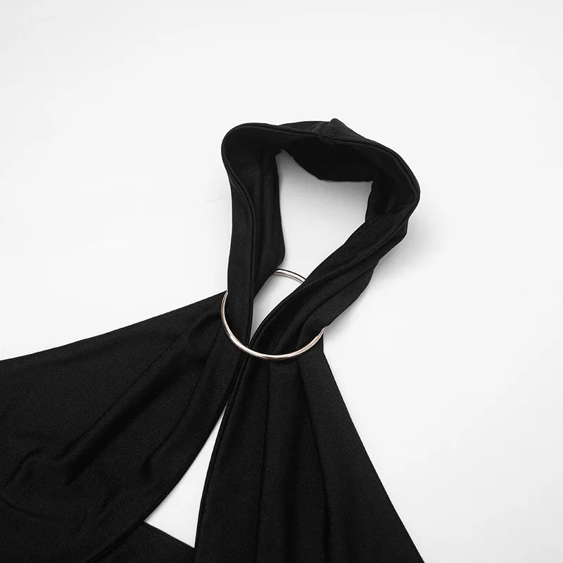 Stylish Lady Halter Jumpsuit Women Metal Ring Cutout Splicing Bodycon Capri Jumpsuit Backless Hollow Out Slim Club Party Romper