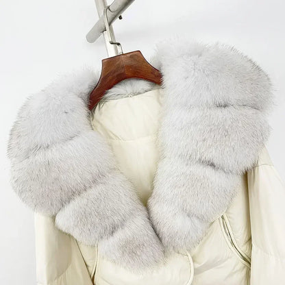 Winter Female White Duck Down Jacket Luxury Loose Short Fashion Casual Women Warm Real Fox Fur Coat Long Sleeve Puffer Jacket
