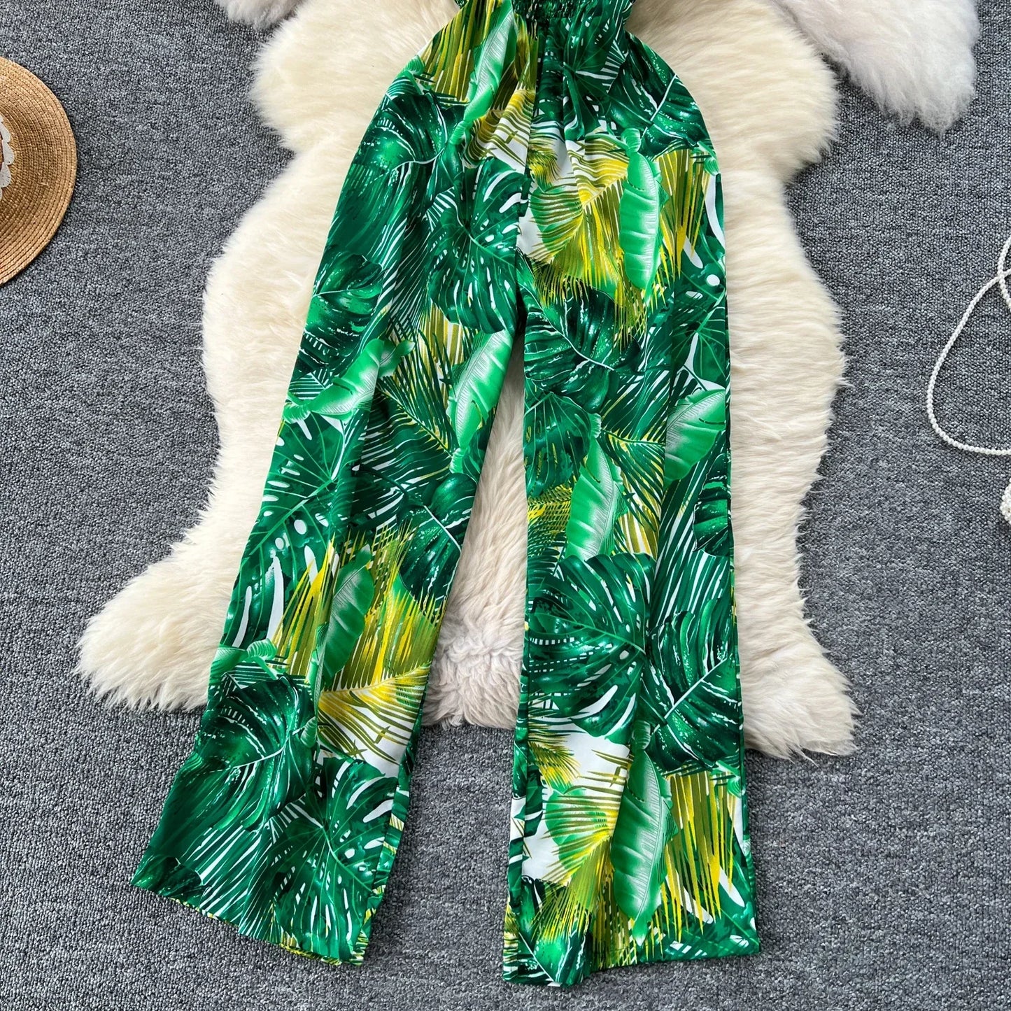 2024 New Summer Sexy Bohemian Leaf Print Jumpsuits Women Sleeveless Sexy Long Jumpsuit Mujer Casual Holiday Beach Rompers