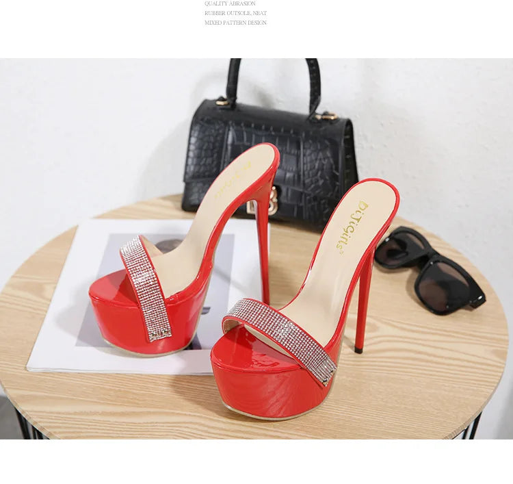 Maogu Slides Women Summer Footwear New 2023 Platform Shoes Luxury Slippers Strippers Rhinestone Sexy High Heel Sandals 16cm 42