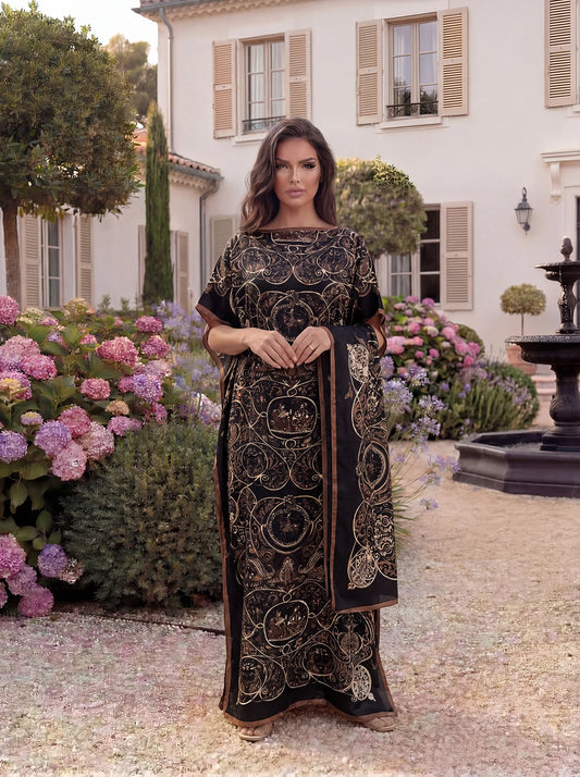 Vintage Baroque Animal Print Abaya With Scarf, Loose Maxi Kaftan For African Muslim Women Summer Beach Holiday Wear