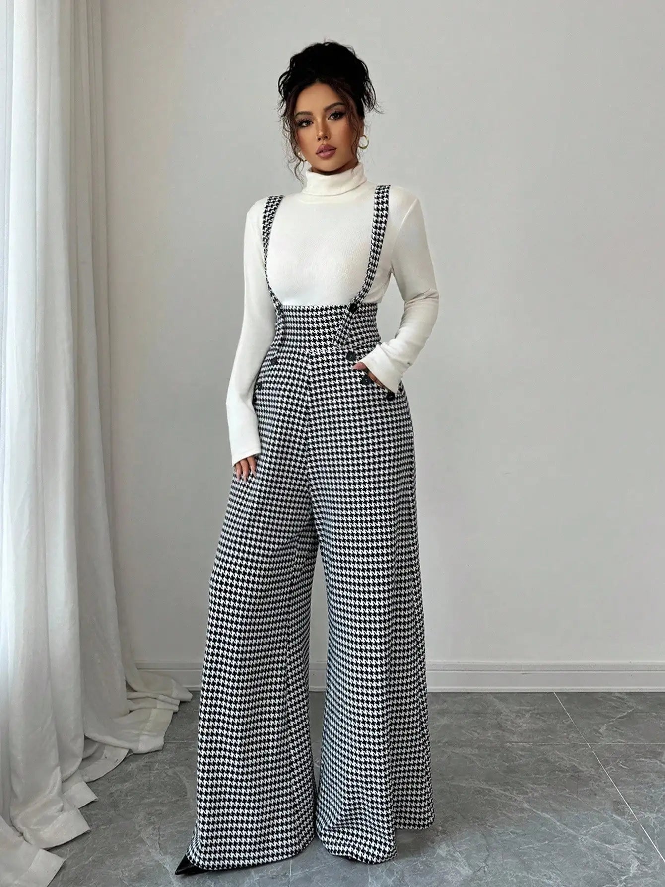 Overalls for Women's Winter Jumpsuit Black White Vintage Wide Leg Suspender Pants for Office Commute Casual Female Clothing