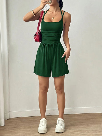 Women Halter Spaghetti Strap Jumpsuits Summer Casual Elastic High Waist Backless Wide Leg Long Pants Romper Club Party Overalls