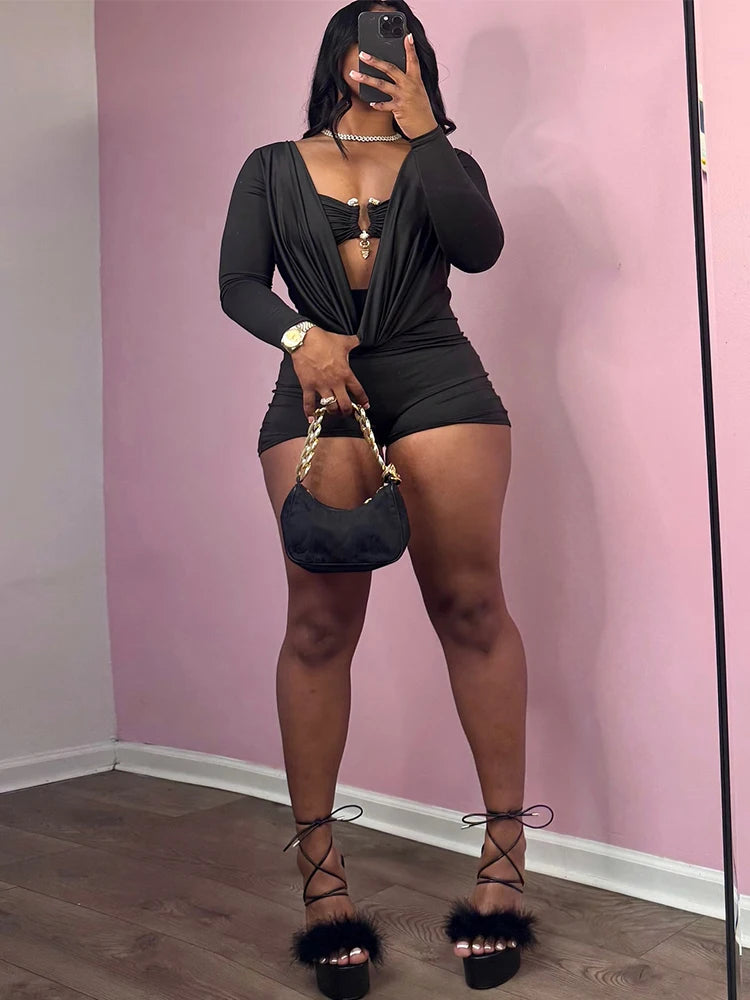 Sisterlinda Swinging Neck Playsuits Women Solid Metal Splice Cleavage Full Sleeve Stretch Sexy Slim Romers Chic Trend Clubwear