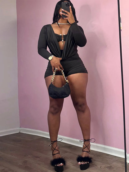 Sisterlinda Swinging Neck Playsuits Women Solid Metal Splice Cleavage Full Sleeve Stretch Sexy Slim Romers Chic Trend Clubwear
