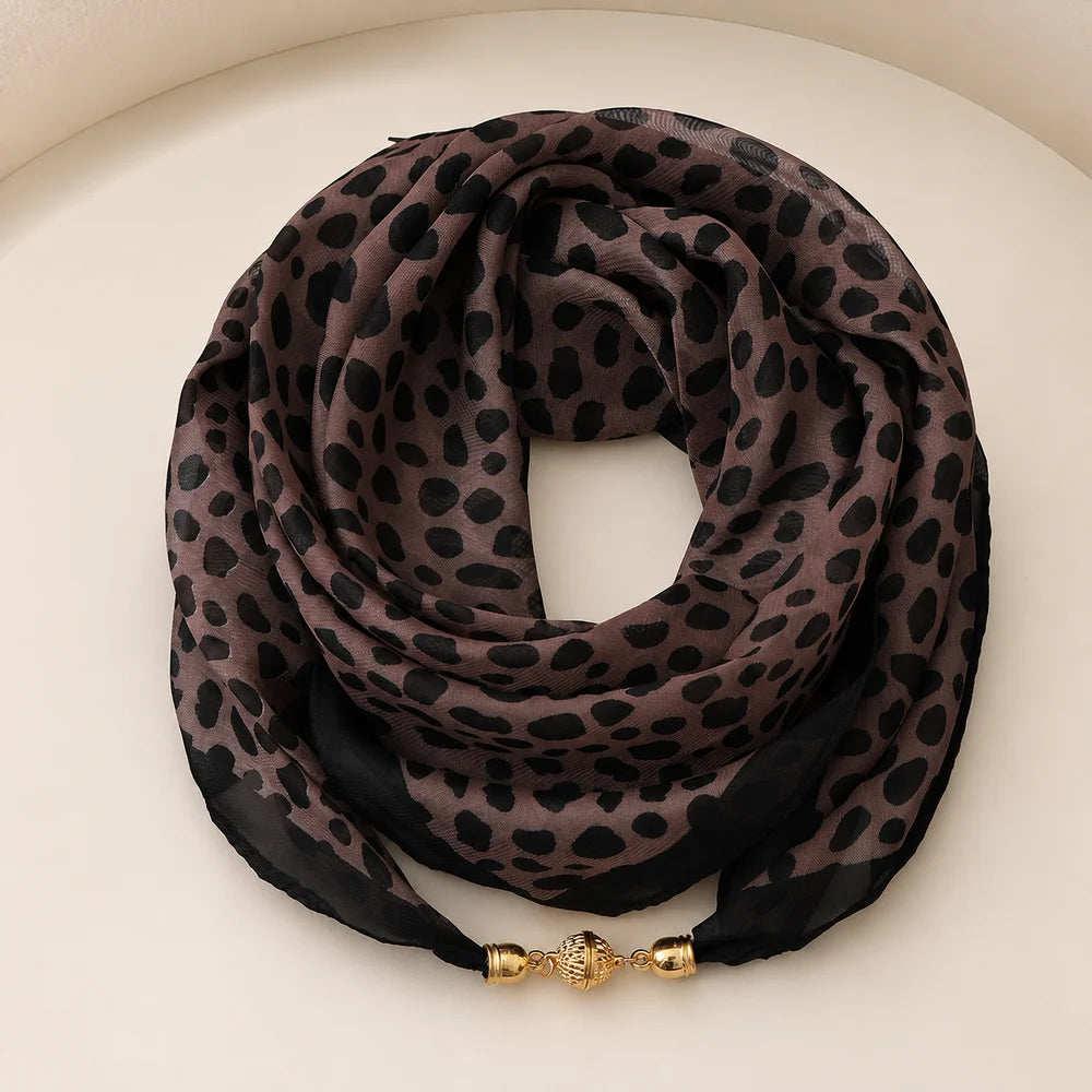 63x63cm Leopard Print Square Scarf for Women with Magnetic Clasp Lightweight Chiffon Neck Scarf Fashion Accessory