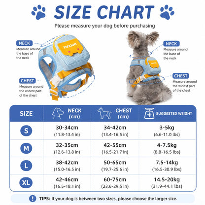 Cute Backpack Dog Harness with Leash, Reflective Soft Pet Vest for Small Medium Dogs Cats, Adjustable Walking Harness Set