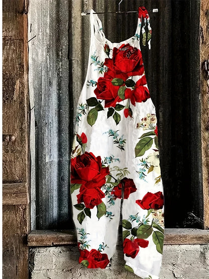 New Women's Sling Bodysuit Pants Sleeveless Floral Printed Wide Leg Pants Casual Outdoor Loose Backless Comfortable Breathable