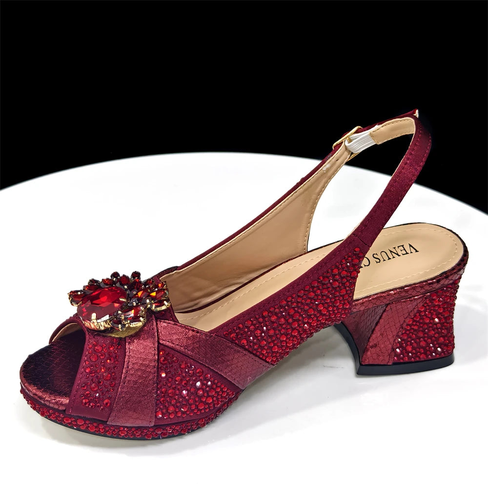 2025 Elegant Women's Peep-Toe Heels and Matching Wine Color Diamond Pumps Set - Stylish Italian Shoes and Bags for Parties