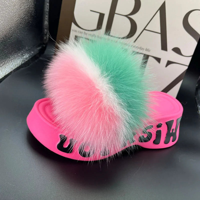 Real Fox Fur Slippers for Woman Luxury 2025 Slippers Summer Woman Sandals Thick Sole Pink Fur Slippers Fluffy Slides for Woman
