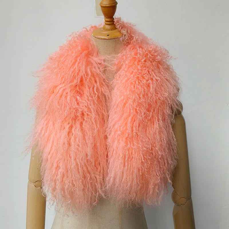 Women Winter Mongolia lamb Fur Scarf Short Luxury Ladies Warm Genuine Tibet Fur Scarves Female Middle Length Real Fur Collar