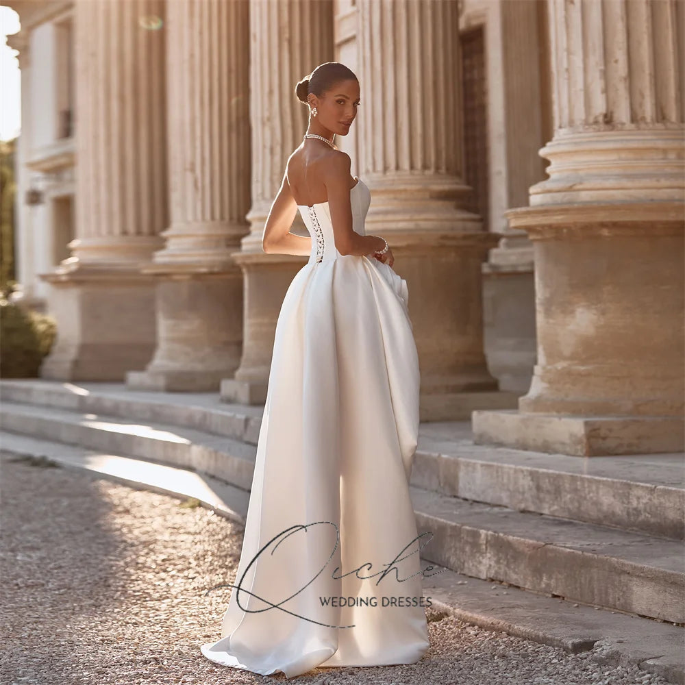 QICHE Modern High/Low Satin A-Line Wedding Dresses Women Strapless Open Back Pleat Flower Sleeveless Bridal Gowns Customized