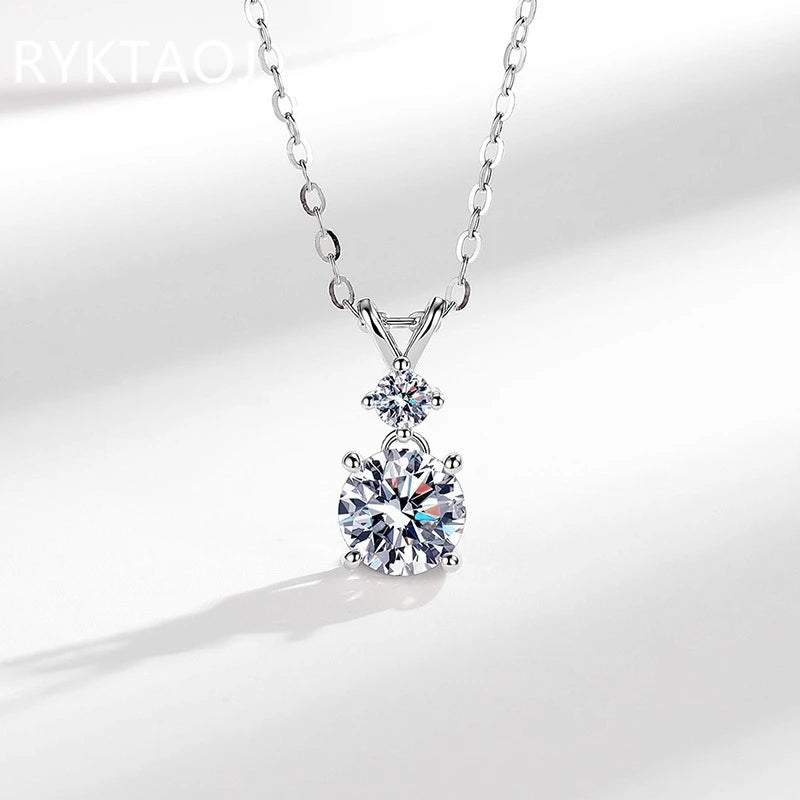 925 Sterling Silver Bowknot Moissanite Pendant Necklace for Women Round 2 Stone Solitaire Necklace Wedding Party Jewelry Gift