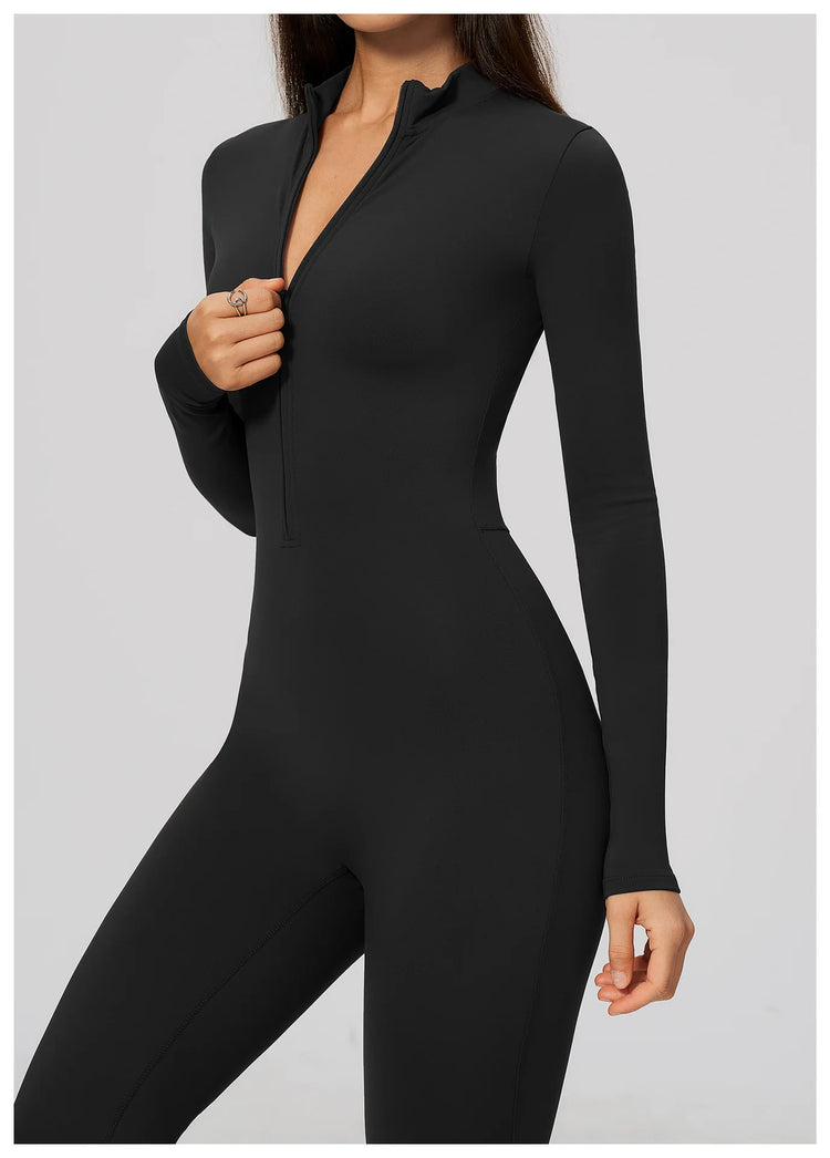 Winter Half Zip Yoga Bodysuit Women Long Sleeved Fitness Jumpsuit Sportswear Gym Clothes One-piece Running Workout Wear Rompers