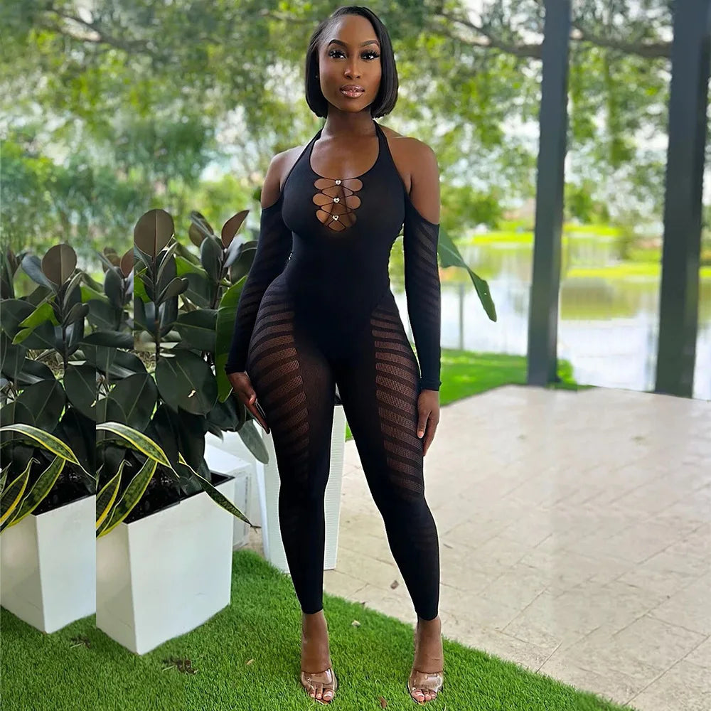 Jacquard Hollow Out See Through Skinny Jumpsuits Women Sexy Halter Backless Long Sleeve Peach Hips Overalls Lingerie Rompers