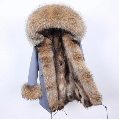 Maomaokong 2026 New Natural Fur Lining Real Fur Coat Winter Jacket Women Raccoon Fur Collar Warm Thick Parkas Female Clothing