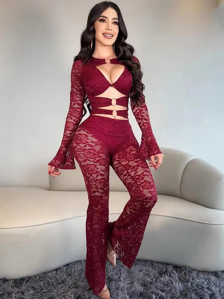 See Through Jumpsuits Woman Metal Rings Patchwork Hollow Design Sexy Full Sleeve Midnight Club Party Wild Style Overalls