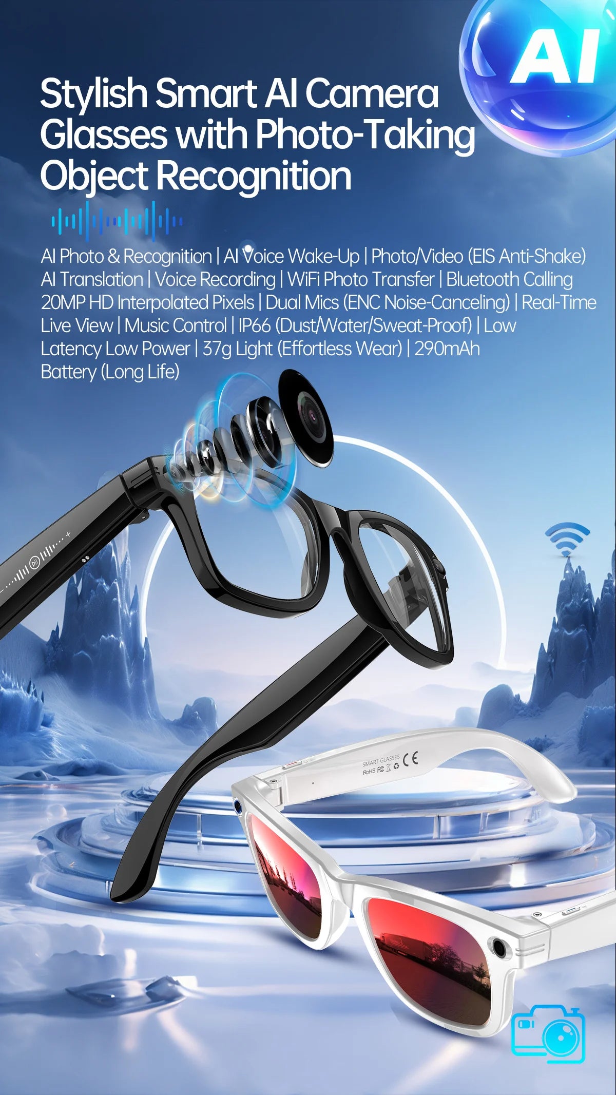 AI Smart Glasses with 8MP Camera Video Recording 100+ Languages Translation Sunglasses Bluetooth Call Music Play Men Women 2026
