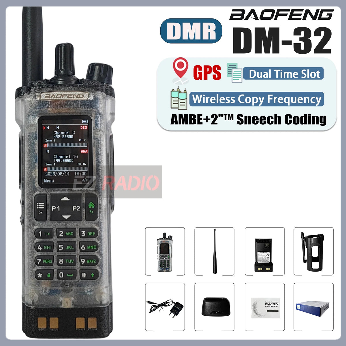 Transparent Baofeng Radio DM 32UV DMR Digital Wireless Walkie Talkie With AES256 Encryption For Long Range Secure Contact skiing