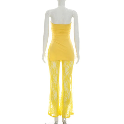 See Through Lace Patchwork Flare Jumpsuits Women Fashion Solid Strapless Backless Ruched Slit Slim Overalls Party Clubwear
