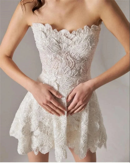 ZanBan Luxury Full Beads Lace Mini Short Wedding Dresses Sweetheart Sleeveless Bride Dress Formal Prom Dress Customized