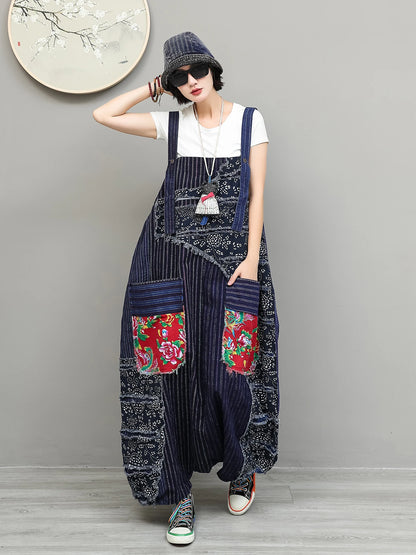 Unique Niche Women Cotton-linen Patchwork High-waist Overalls Large Pockets Sleeveless Jumpsuit LX6266