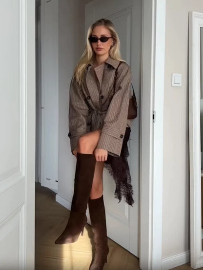 Trendy Plaid Cropped Trench Coat Women Chic Lapel Double Breasted Belted Waist Tie Long Sleeve Jacket Fall Windbreaker Outerwear