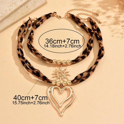 Leopard Print Layered Ribbon Choker Necklace Gold Y2K Heart Sun Pendant Adjustable Bohemian Jewelry for Women
