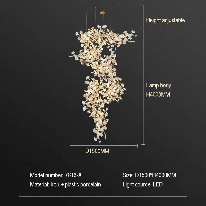 Staircase Ginko Leaf Chandelier Light For High Ceiling Staircase Loft Living Room Hotel Lobby Stairway Luxury Branch Chandeliers